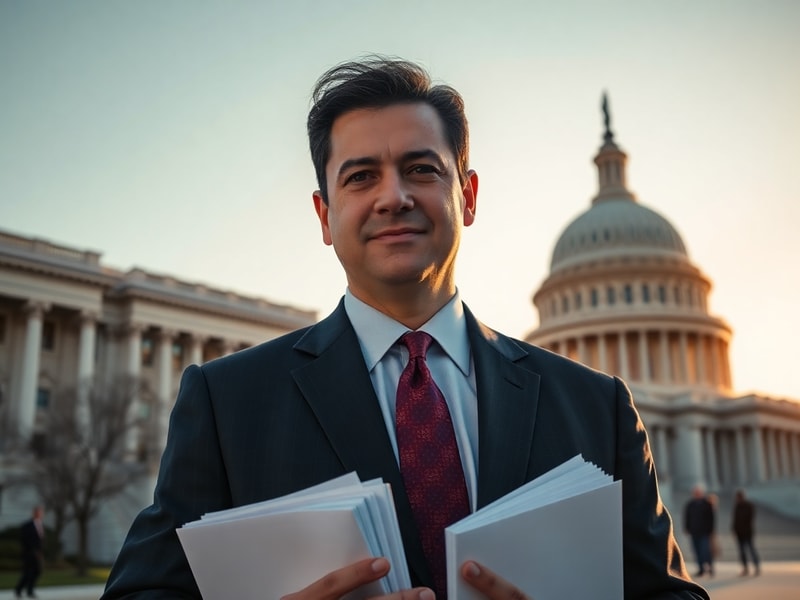 A professional headshot of Jimmy Gomez speaking at a podium, with an American flag in the background. The setting is a congre