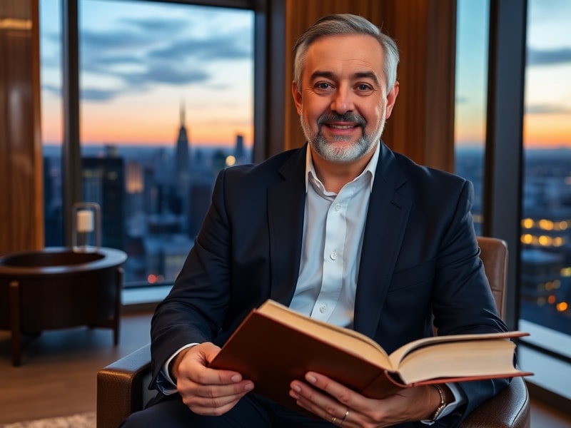 A professional portrait of Andrew S. Boutros in a modern law office, dressed in business attire, with a city skyline visible