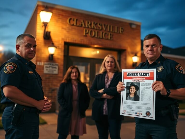 A digital highway sign displaying an Amber Alert in Clarksville, TN, with a police cruiser in the background and concerned ci
