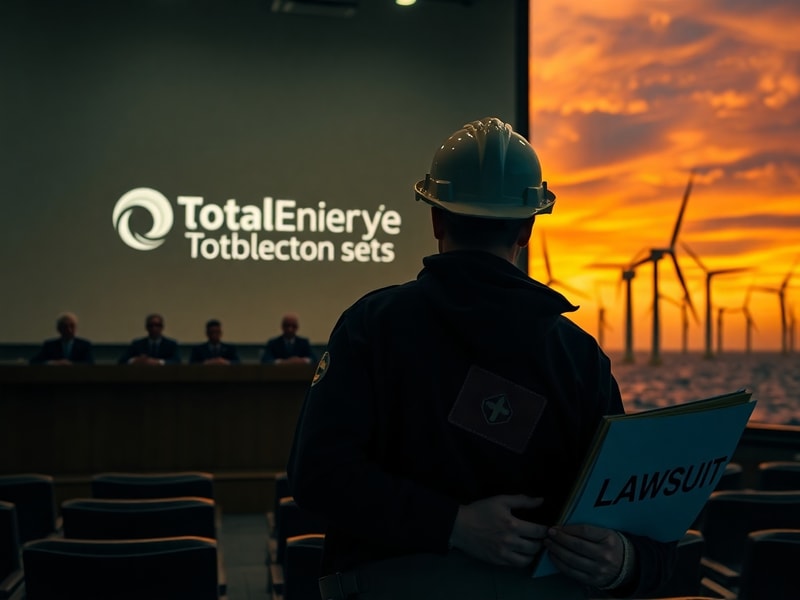 Aerial view of offshore wind turbines in the ocean with construction vessels nearby, highlighting the industrial scale and en