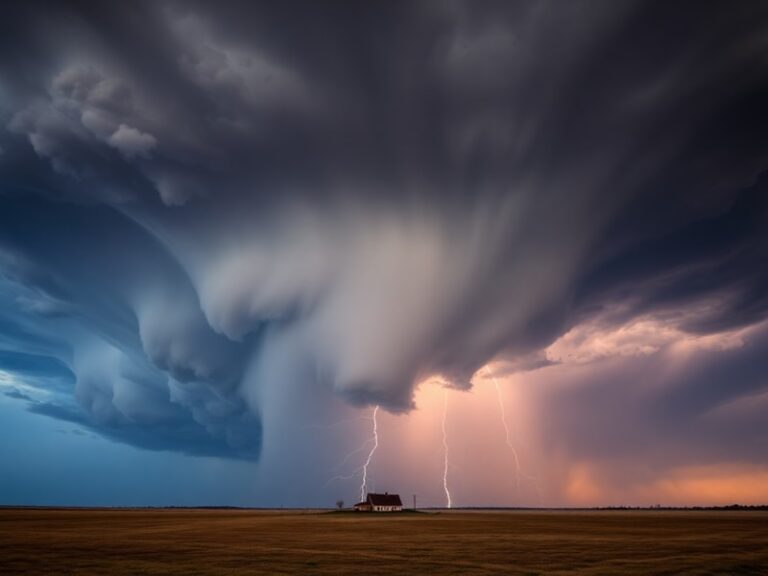 A dramatic scene of a severe thunderstorm with dark, towering clouds over a rural landscape. Lightning strikes in the distanc