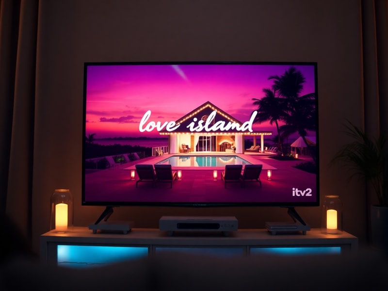 A promotional image of the Love Island villa at sunset, with text overlay showing the time '9:00 PM' and 'Live Tonight'. The