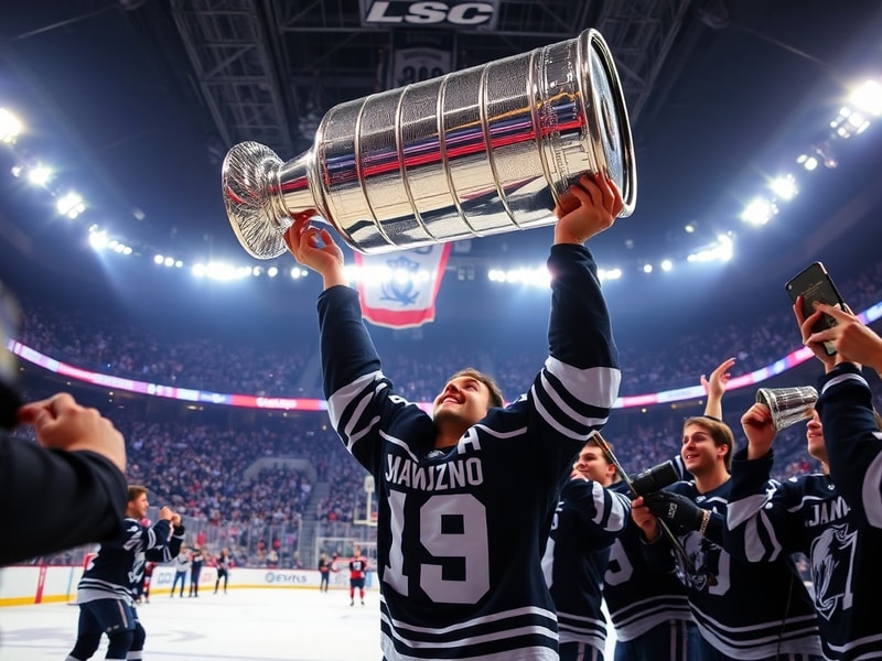 A close-up shot of the Stanley Cup during a celebratory moment, with players and fans in the background. The trophy should gl