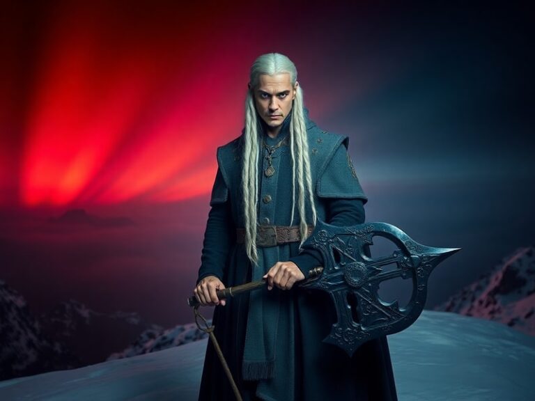 A cinematic shot of Laufey, a towering Frost Giant with flowing silver hair and icy blue eyes, standing against a snowy backd