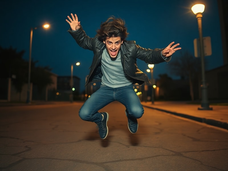 A gritty, high-energy photo of Reckless Ben mid-trick in an urban alleyway, surrounded by graffiti and street art. He’s weari