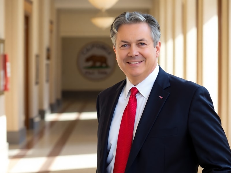 A professional portrait of Rob Bonta in a suit, standing in front of the California State Capitol with a diverse urban backgr
