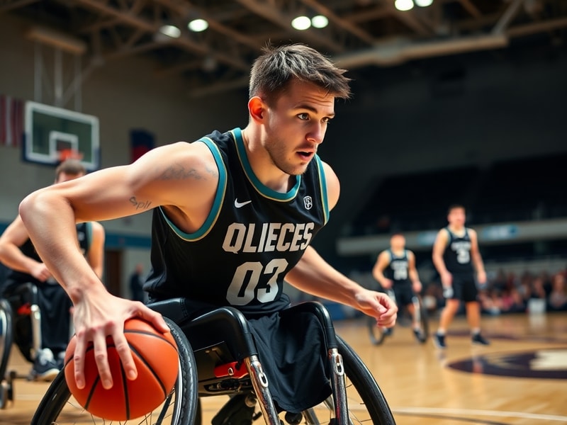 A dynamic action shot of Josh Turek mid-game, wearing a USA wheelchair basketball jersey, with a blurred basketball court in