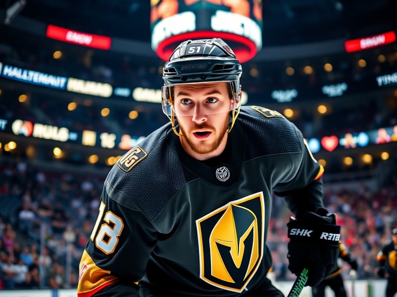 A dynamic action shot of Shea Theodore in a Vegas Golden Knights jersey, mid-stride on the ice with a focused expression, sho
