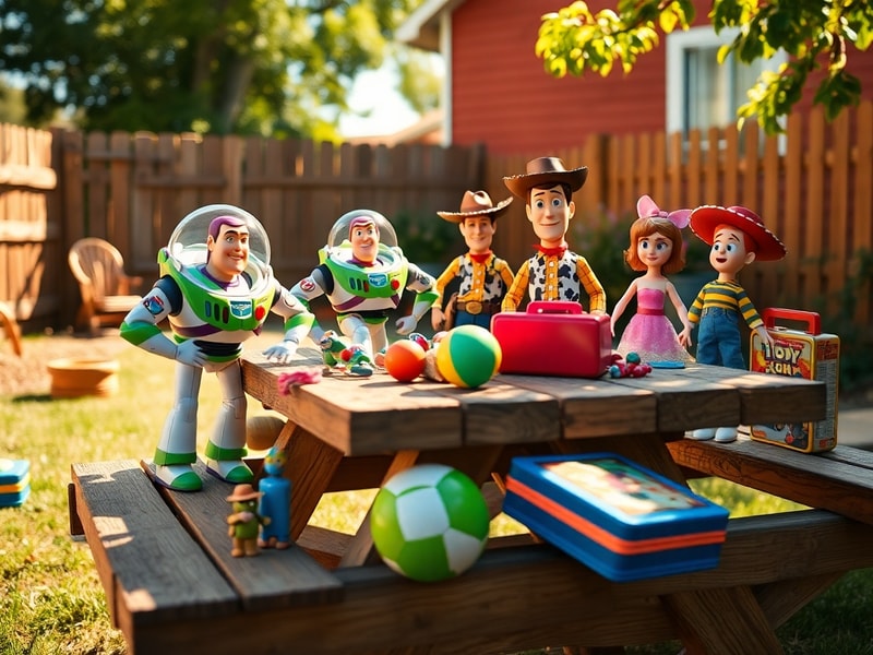 A vibrant scene from Toy Story featuring Woody, Buzz Lightyear, and other iconic toys in Andy's bedroom, showcasing the film'