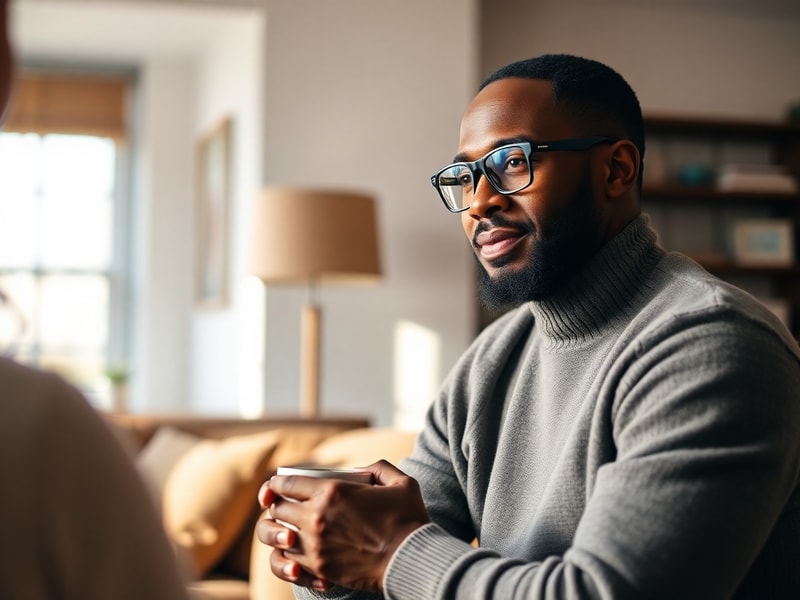 A professional portrait of Karamo Brown in a modern, minimalist setting, dressed in contemporary attire. The background featu