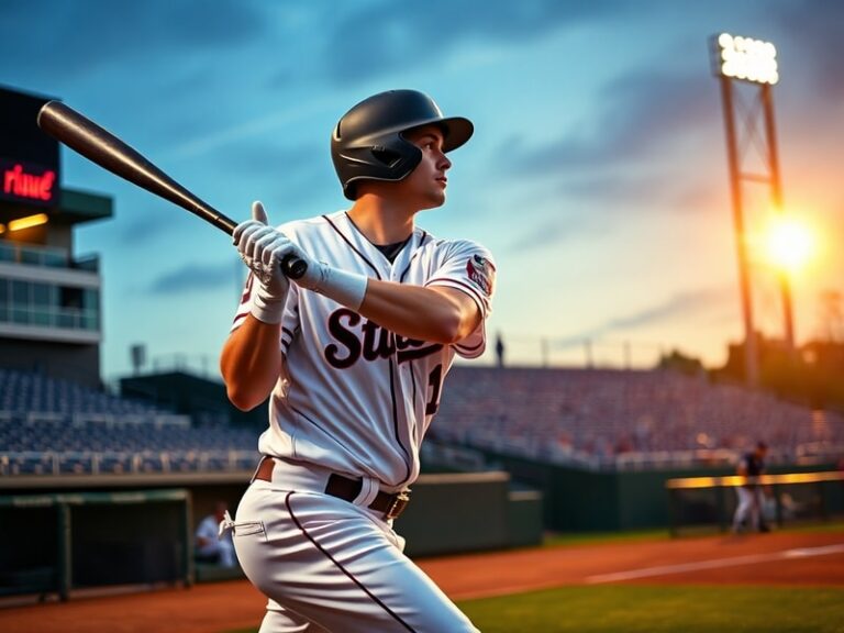 A dynamic action shot of Jake Mangum in a Mississippi State Bulldogs uniform, mid-swing at the plate during a game, with a fo