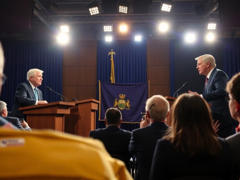 A split-image illustration showing Senator Angus King speaking at a podium on one side, and Eric Brakey addressing a crowd at
