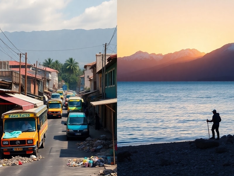 A split-image showing Port-au-Prince’s crowded, chaotic streets on one side and New Zealand’s serene, green landscapes on the