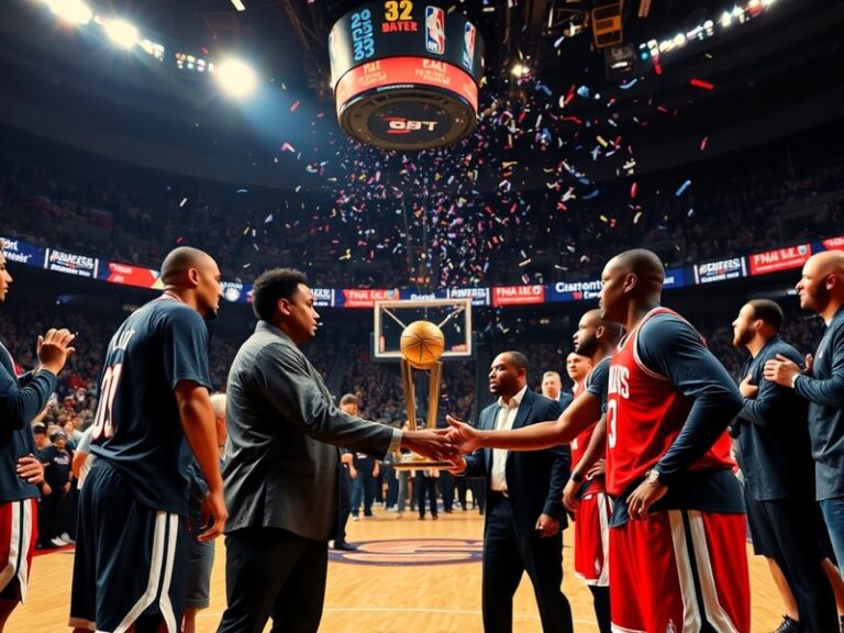 A dynamic action shot from a crowded NBA Finals arena, featuring players from two competing teams in mid-game action, with th