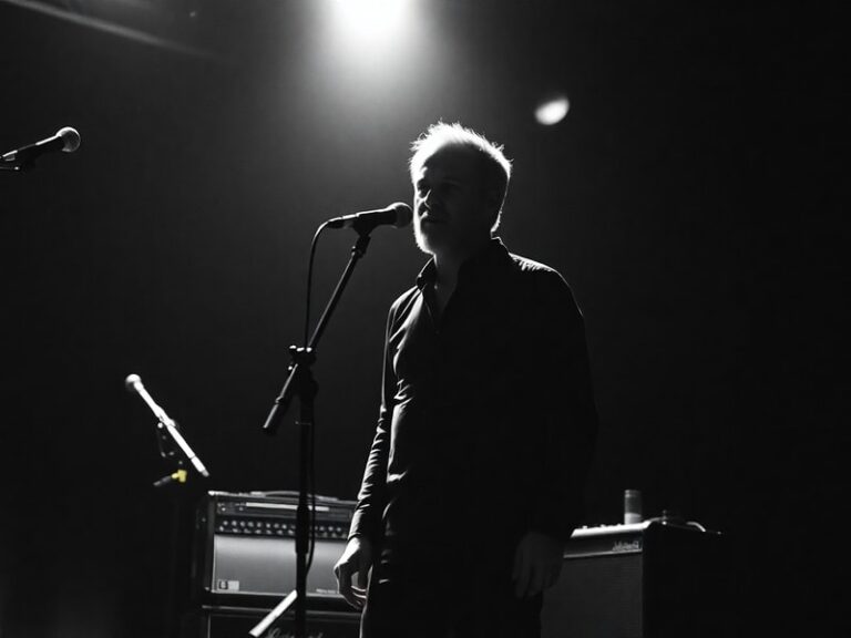 A candid black-and-white photograph of Michael Stipe in the 1990s, wearing a leather jacket, standing against a blurred urban