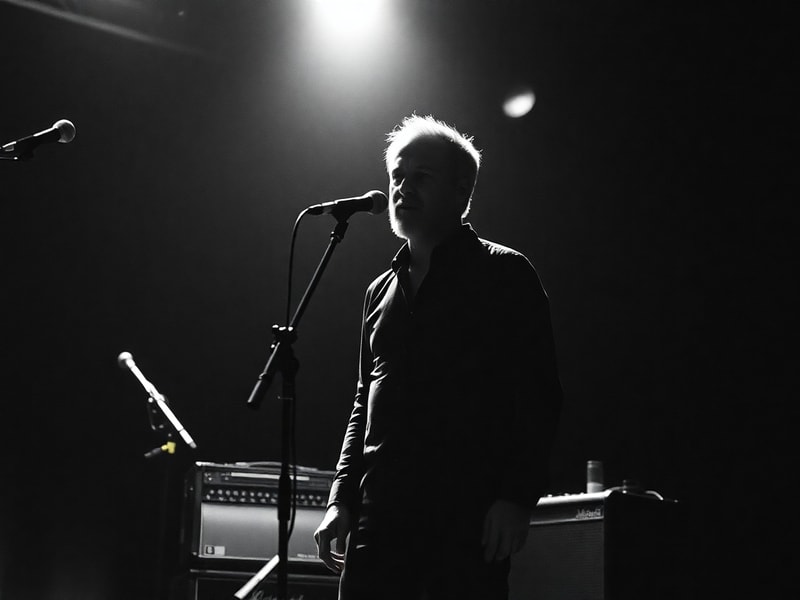 A candid black-and-white photograph of Michael Stipe in the 1990s, wearing a leather jacket, standing against a blurred urban
