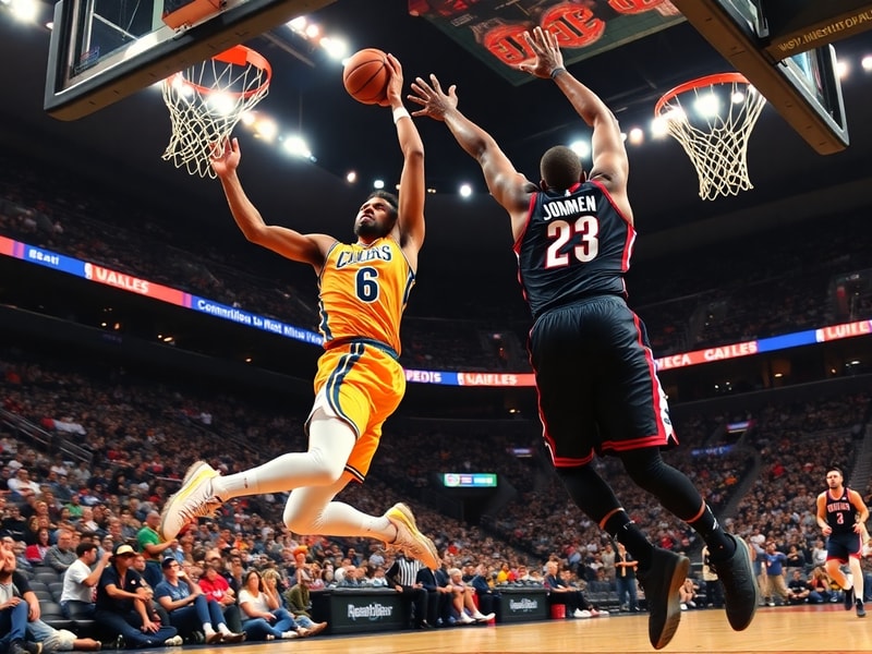 A dynamic action shot of Jayson Tatum and Luka Dončić competing in Game 7 of the NBA Finals, with confetti falling and the TD