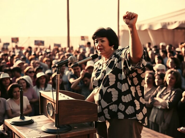 A candid black-and-white photograph of Dolores Huerta speaking at a rally in the 1970s, wearing a UFW button, with a crowd of