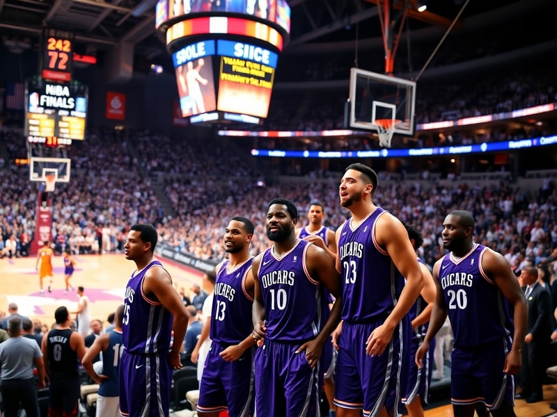 A vibrant, high-energy scene of an NBA Finals game inside a packed arena with bright lights, cheering fans from diverse backg