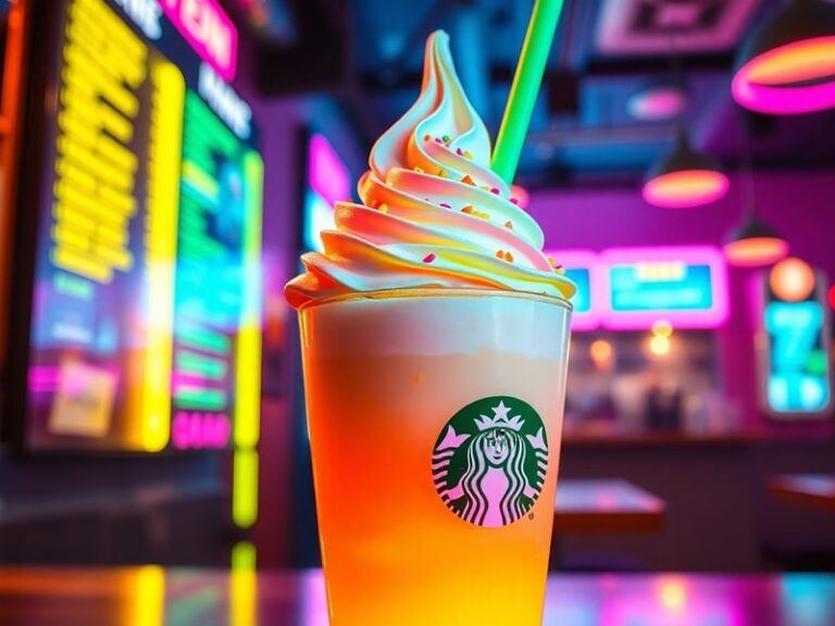 A vibrant Unicorn Frappuccino in a clear plastic cup, layered with swirling blue, pink, and purple colors, topped with whippe