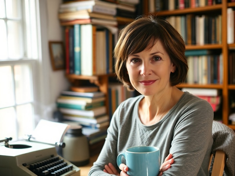 A warm, inviting portrait of Ann Patchett seated in a cozy bookstore corner, surrounded by shelves of books. She wears a soft