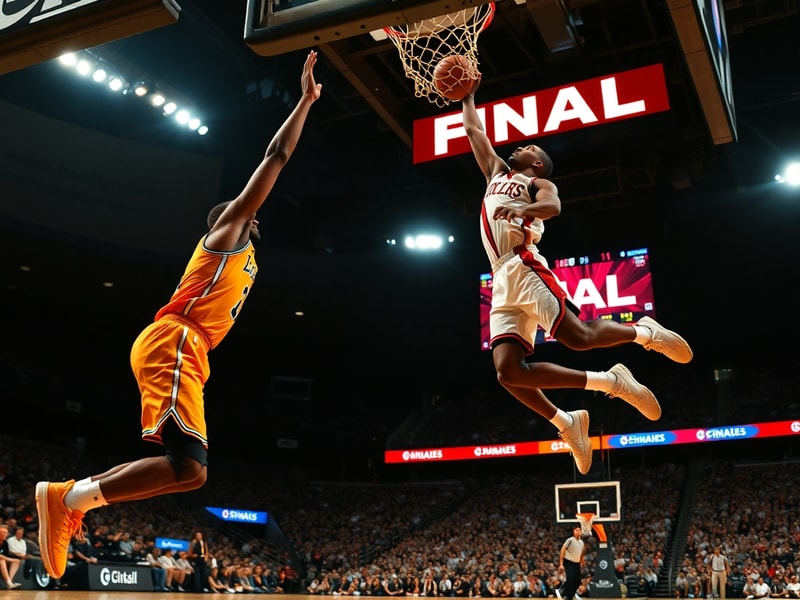 A dynamic action shot of Jayson Tatum and Luka Dončić mid-play during the NBA Finals 2024, with a sold-out arena and vibrant