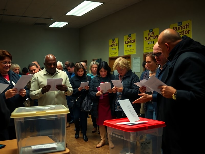 A split-screen image showing a crowded ballot box in the first round with two candidates shaking hands in a runoff debate, se