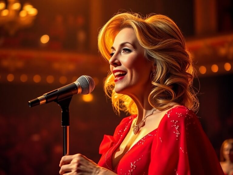 A vibrant concert photo of Celine Dion on stage, bathed in golden stage lights, with a large audience cheering in the backgro