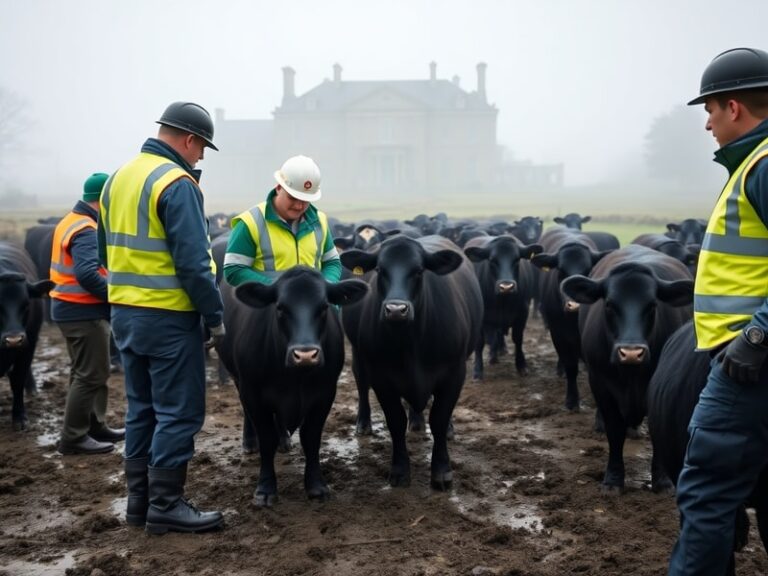 An official in a high-visibility vest conducts an inspection of cattle pens, while a veterinarian checks livestock health rec