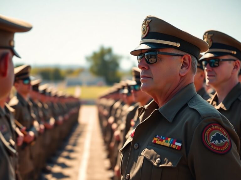 A group of drill instructors in different uniforms from various countries standing in formation, symbolizing global military