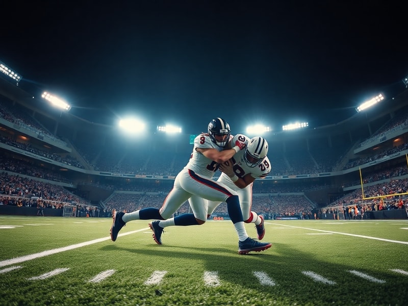 A cinematic shot of a Madden NFL 27 gameplay scene inside a packed stadium, featuring dynamic lighting, high-resolution playe