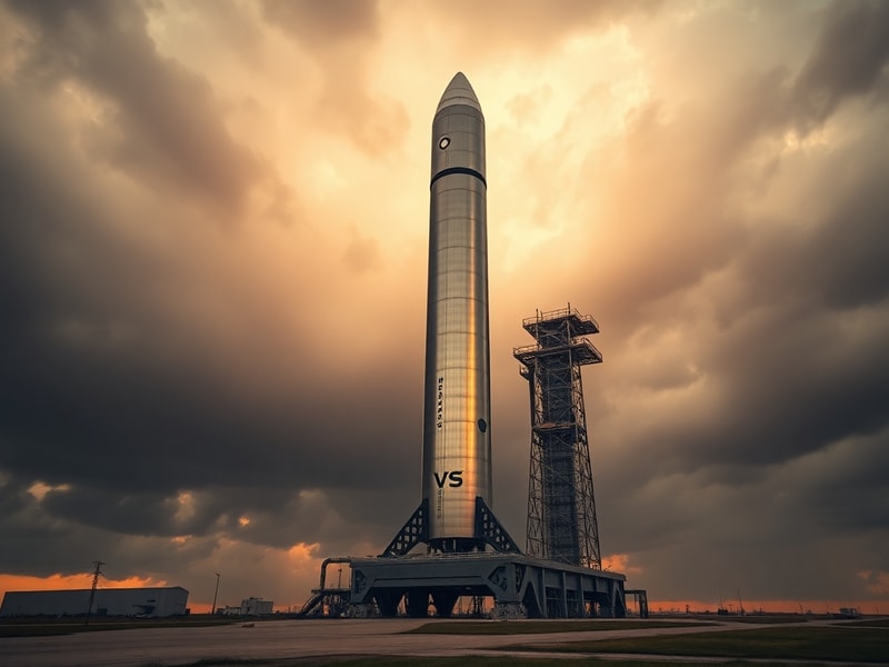 A futuristic digital illustration of the SpaceX Starship launching into orbit, with Earth and a network of satellites in the