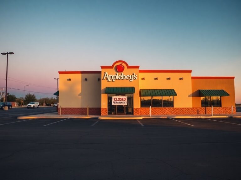 Exterior view of a closed Applebee's restaurant in Calexico, California, at dusk. The building is dark with faded signage, an