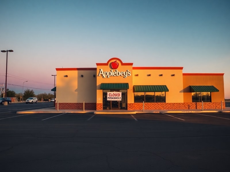 Exterior view of a closed Applebee's restaurant in Calexico, California, at dusk. The building is dark with faded signage, an