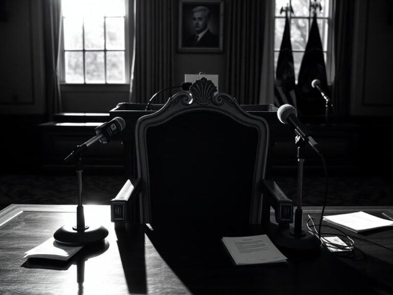 A split-image illustration: one side shows Trump speaking at a podium with a crowd, the other side is a shadowy figure in a d