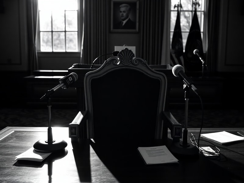 A split-image illustration: one side shows Trump speaking at a podium with a crowd, the other side is a shadowy figure in a d