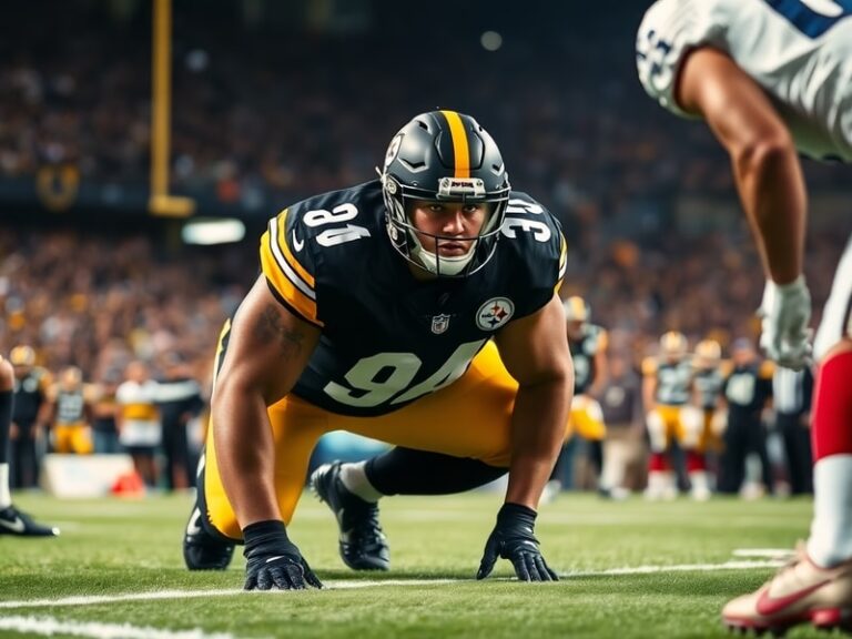 A dynamic action shot of T.J. Watt mid-sack, wearing a black and gold Steelers uniform, with a blurred stadium background and