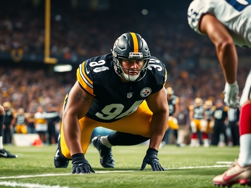 A dynamic action shot of T.J. Watt mid-sack, wearing a black and gold Steelers uniform, with a blurred stadium background and