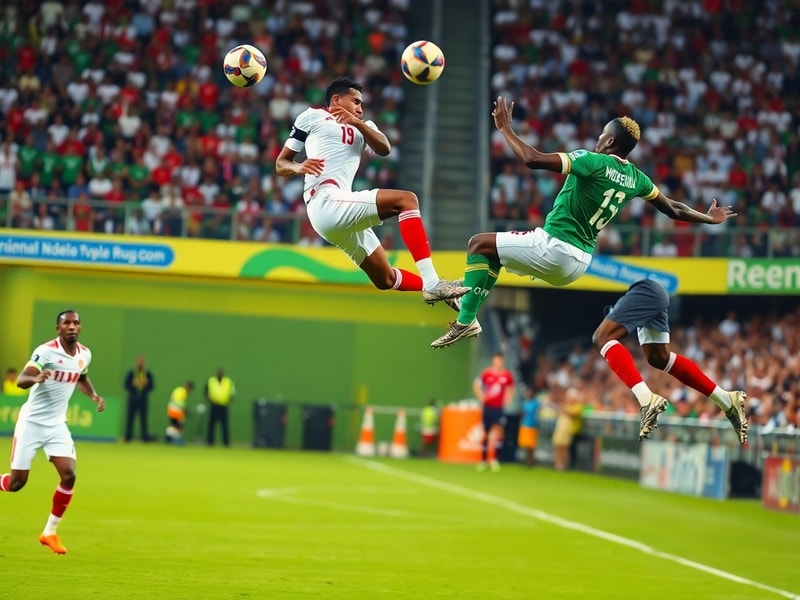 A split-screen image showing a Polish player in a white jersey executing a precise header, contrasted with a Nigerian player