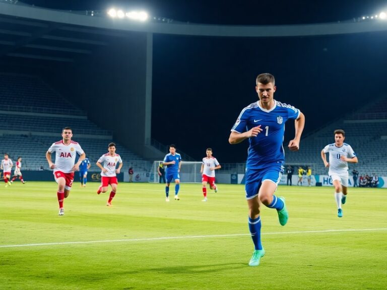 A dramatic shot of a football match between Albania and Israel, with Albanian and Israeli fans in the stands, capturing the i