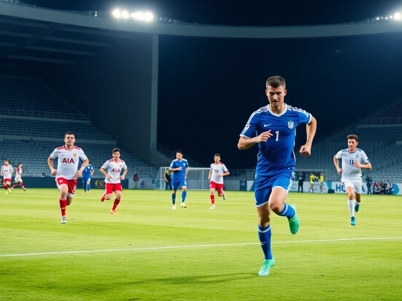 A dramatic shot of a football match between Albania and Israel, with Albanian and Israeli fans in the stands, capturing the i