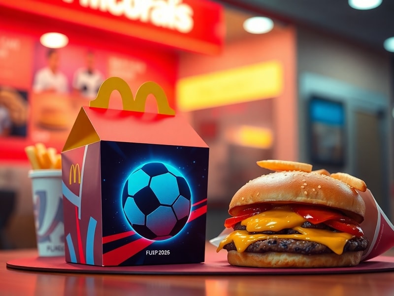 A vibrant, fast-food counter decorated with FIFA World Cup 2026 branding. Footballs, themed packaging, and digital screens di
