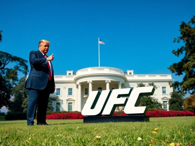 A photorealistic image of the UFC-branded claw sculpture on the White House lawn, bathed in golden-hour sunlight with the bui