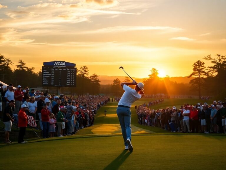 A vibrant image of collegiate golfers in action on a lush green course during the NCAA Championship, with spectators in the b