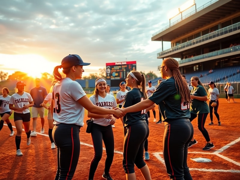 A dynamic shot of Hall of Fame Stadium in Oklahoma City during a Women's College World Series game. The stadium is packed wit