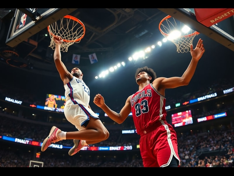 A dynamic image of an NBA Finals game with a packed arena, diverse fans in team jerseys, and global landmarks in the backgrou