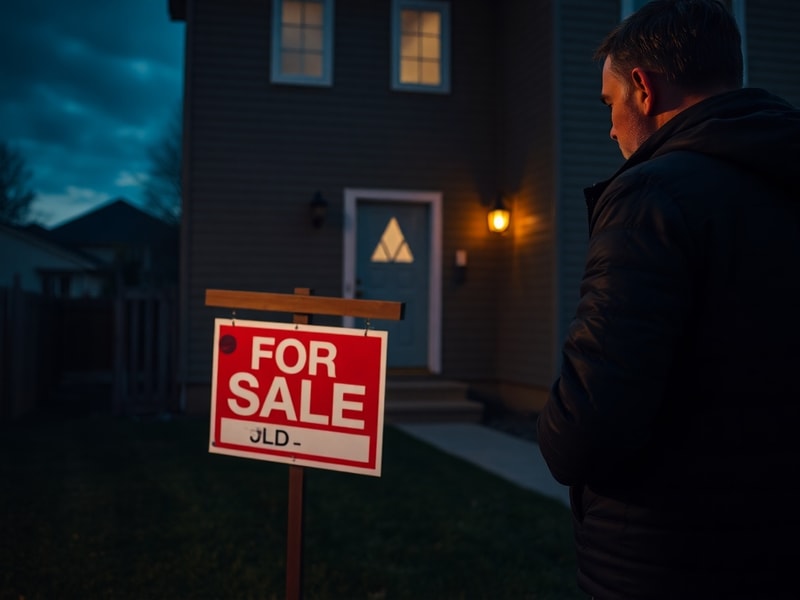 A split-image illustration showing a 'For Sale' sign on a suburban home on the left side and the same house with a 'Sold' sig