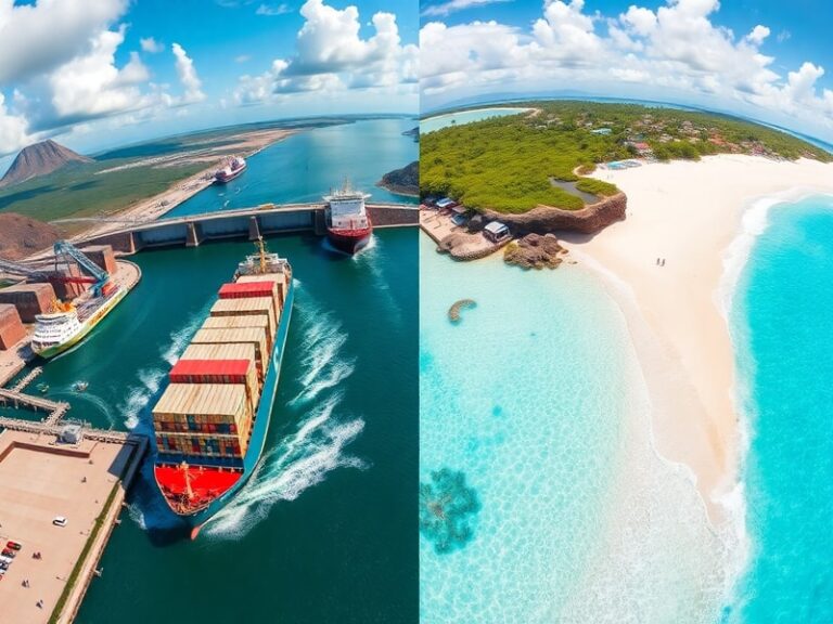 A split-image showing Panama’s Panama Canal on one side and the Dominican Republic’s Punta Cana beach on the other, with lush