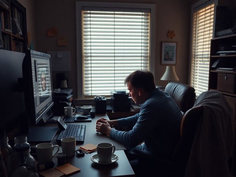 A split-screen image showing a professional office environment on one side and a chaotic digital workspace with NSFW warnings