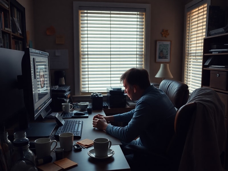 A split-screen image showing a professional office environment on one side and a chaotic digital workspace with NSFW warnings